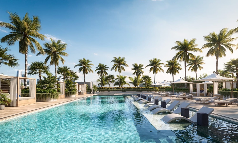 Resort-style pool lined with palm trees and lounge chairs at PALMA Miami Beach