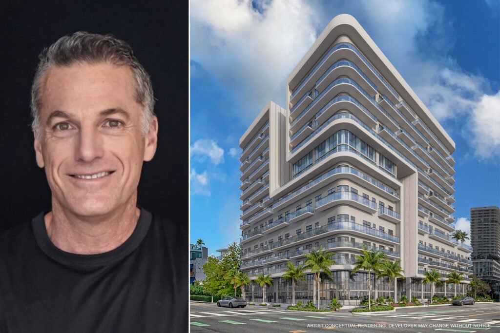 Portrait of developer Robert Finvarb beside a rendering of his North Beach condo tower