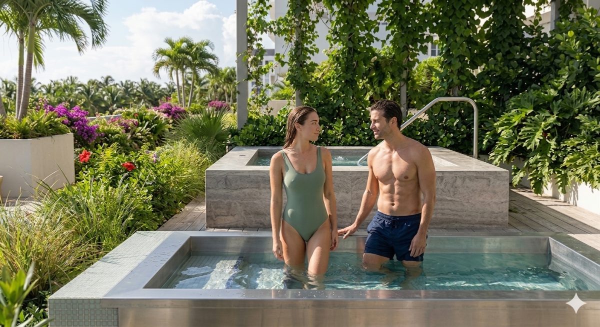 Couple standing together in an outdoor cold plunge pool surrounded by lush greenery
