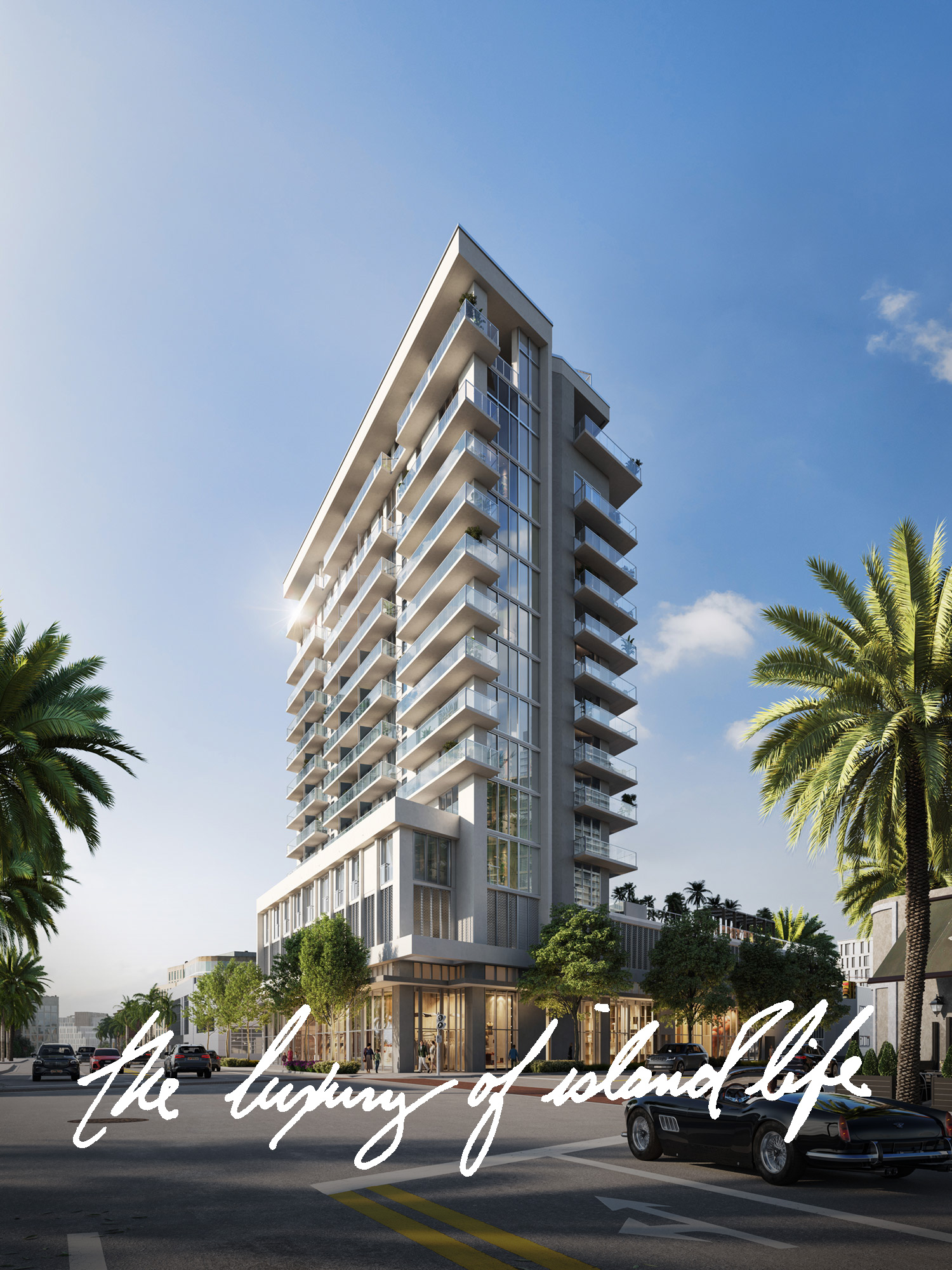 image of the exterior facade of Palma Miami Beach with "the luxury of island life" written below